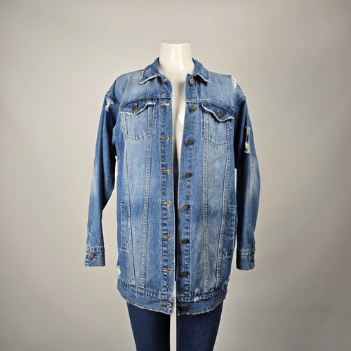 Noisy May NMANGIE Women's Distressed Long Denim Jacket Blue Size S