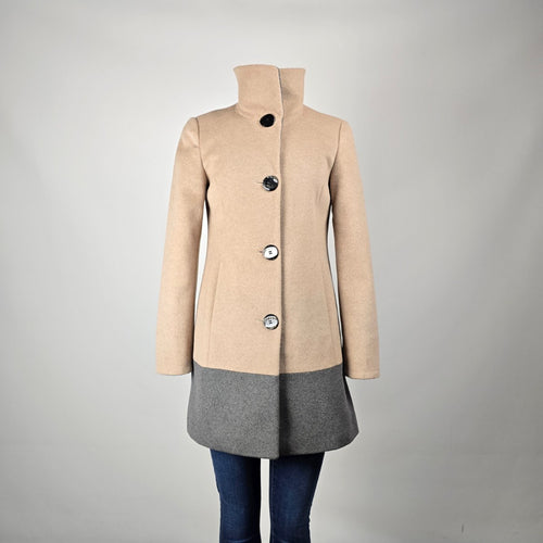 Ellen Tracy Women's Beige Grey Colourblock Wool Blend Button Front Coat Size 2