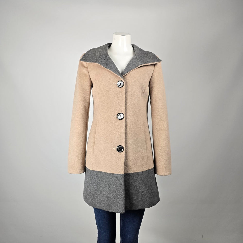 Ellen Tracy Women's Beige Grey Colourblock Wool Blend Button Front Coat Size 2