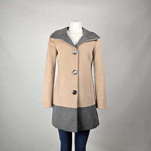 Ellen Tracy Women's Beige Grey Colourblock Wool Blend Button Front Coat Size 2