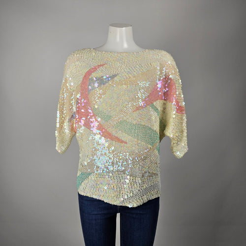 Vintage Camia 100% Silk Iridescent Sequin Beaded Abstract Top Blouse Size S