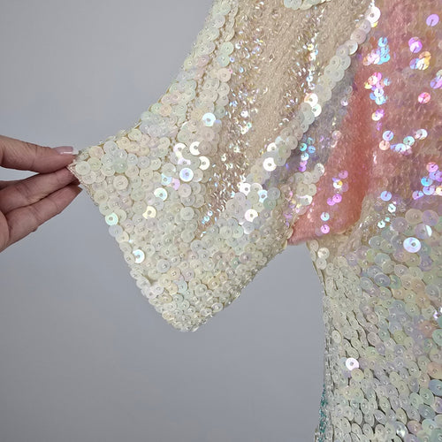 Vintage Camia 100% Silk Iridescent Sequin Beaded Abstract Top Blouse Size S
