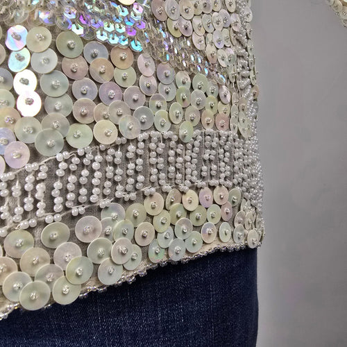 Vintage Camia 100% Silk Iridescent Sequin Beaded Abstract Top Blouse Size S