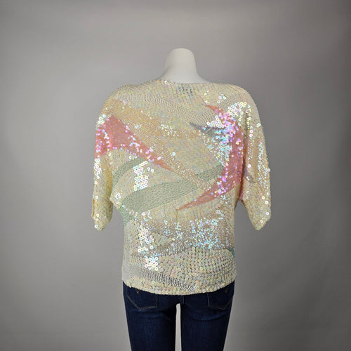 Vintage Camia 100% Silk Iridescent Sequin Beaded Abstract Top Blouse Size S