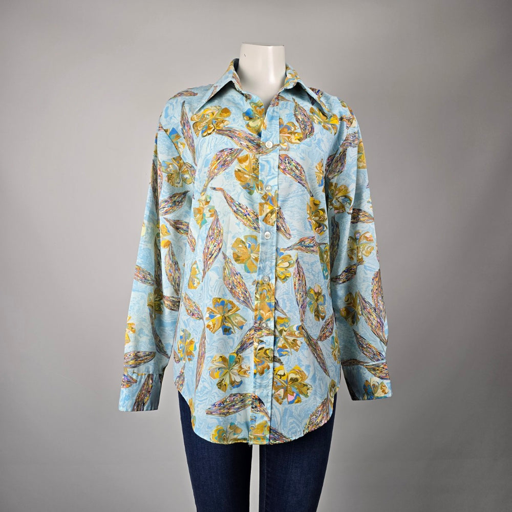 Baymart Vintage 1970s Abstract Floral Print Button Up Shirt Blue Size M/L