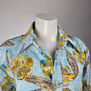 Baymart Vintage 1970s Abstract Floral Print Button Up Shirt Blue Size M/L