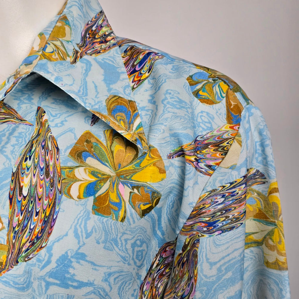 Baymart Vintage 1970s Abstract Floral Print Button Up Shirt Blue Size M/L