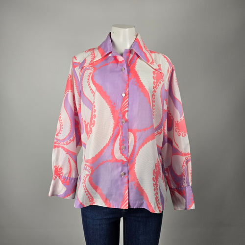 Vintage EK Polyester Psychedelic Abstract Button Front Blouse Shirt Size M/L