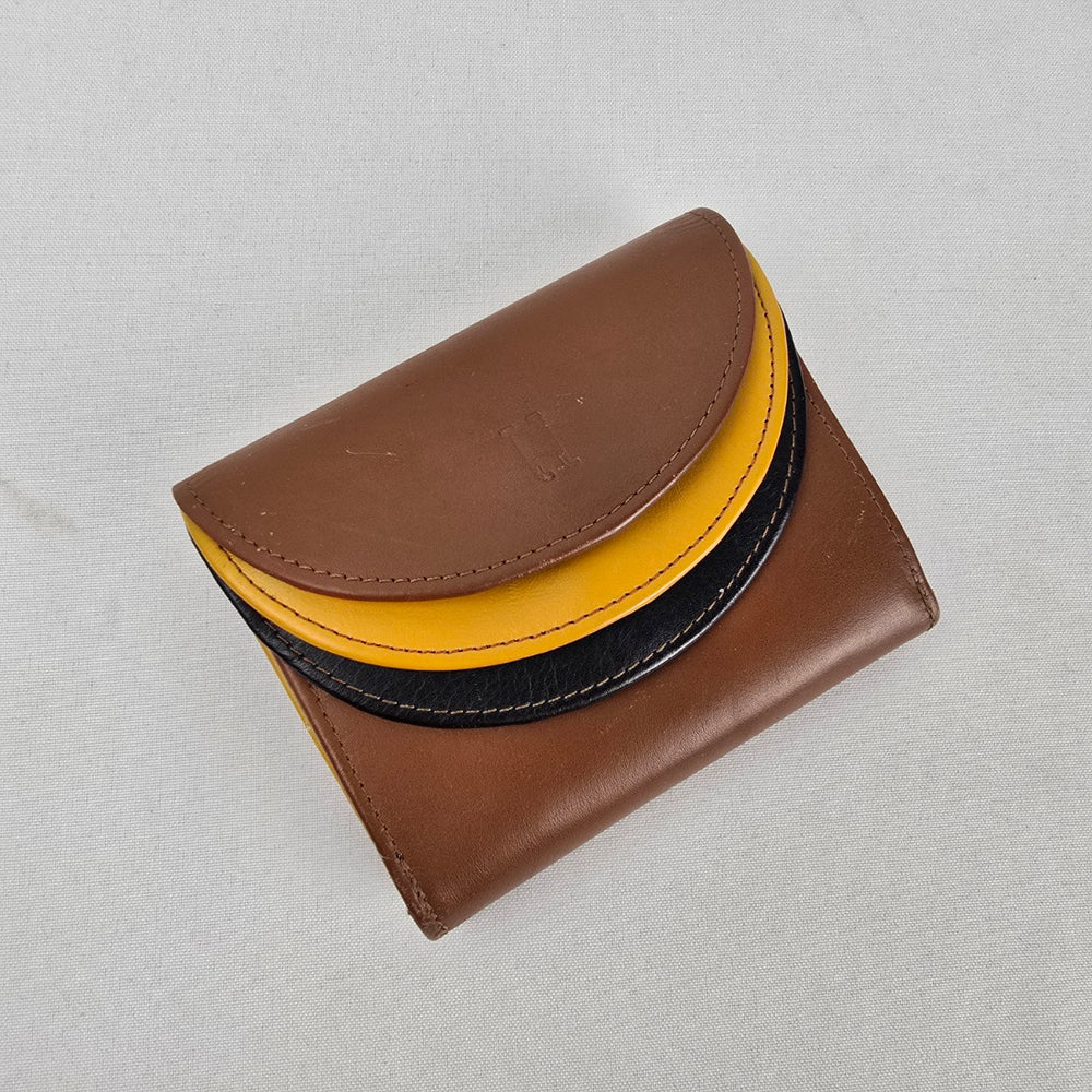Vintage Brown Genuine Leather Trifold Wallet Colorblock Yellow Black