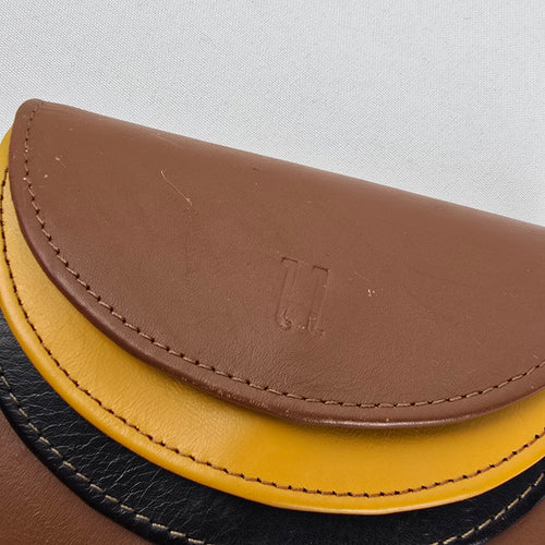 Vintage Brown Genuine Leather Trifold Wallet Colorblock Yellow Black