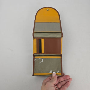 Vintage Brown Genuine Leather Trifold Wallet Colorblock Yellow Black