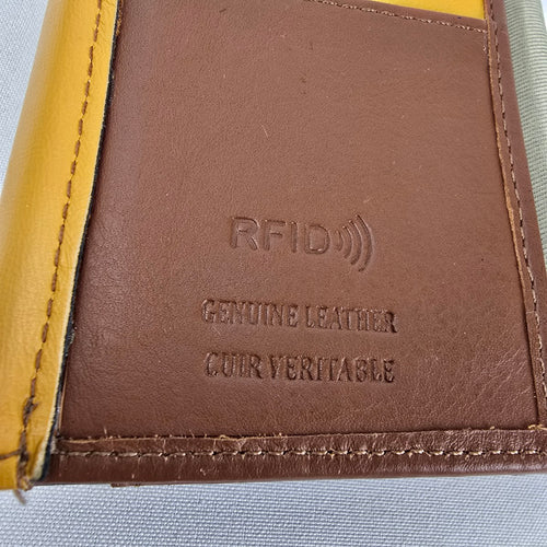 Vintage Brown Genuine Leather Trifold Wallet Colorblock Yellow Black