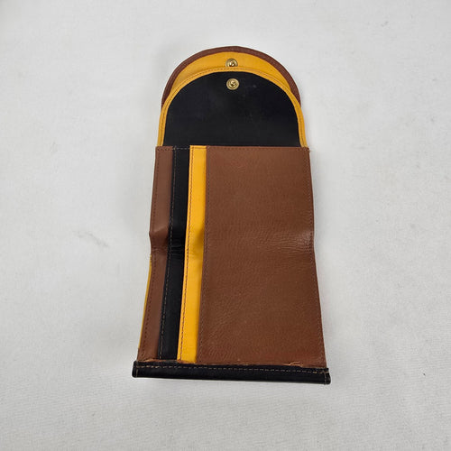 Vintage Brown Genuine Leather Trifold Wallet Colorblock Yellow Black