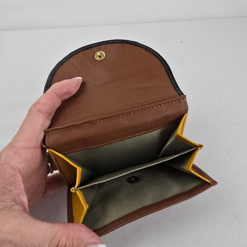 Vintage Brown Genuine Leather Trifold Wallet Colorblock Yellow Black