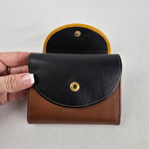 Vintage Brown Genuine Leather Trifold Wallet Colorblock Yellow Black