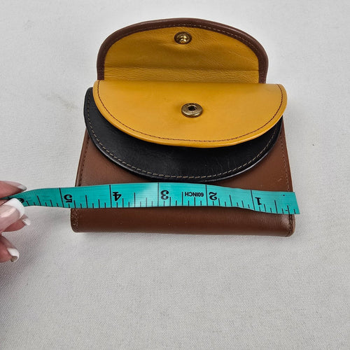 Vintage Brown Genuine Leather Trifold Wallet Colorblock Yellow Black