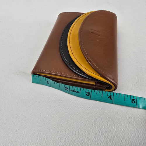 Vintage Brown Genuine Leather Trifold Wallet Colorblock Yellow Black