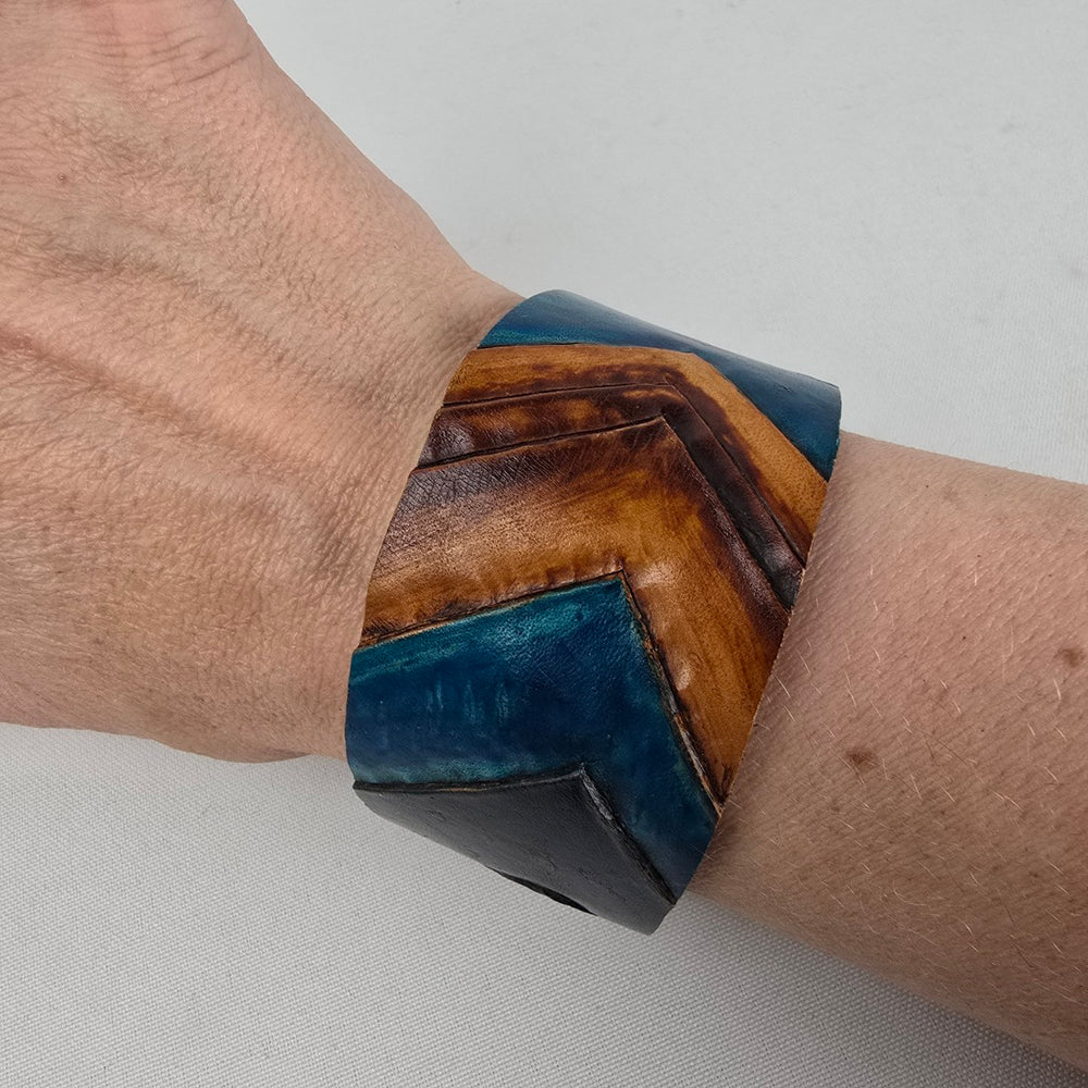 Handmade Blue Brown Chevron Leather Cuff Bracelet