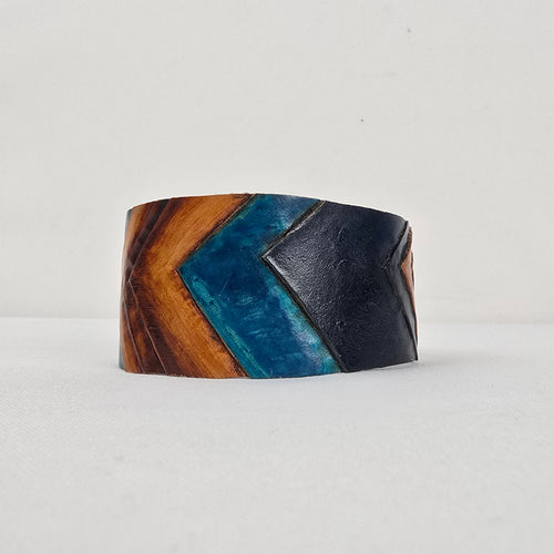 Handmade Blue Brown Chevron Leather Cuff Bracelet