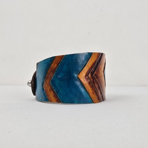 Handmade Blue Brown Chevron Leather Cuff Bracelet