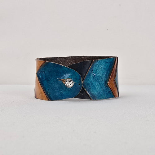 Handmade Blue Brown Chevron Leather Cuff Bracelet