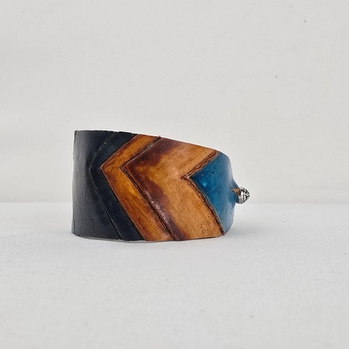 Handmade Blue Brown Chevron Leather Cuff Bracelet