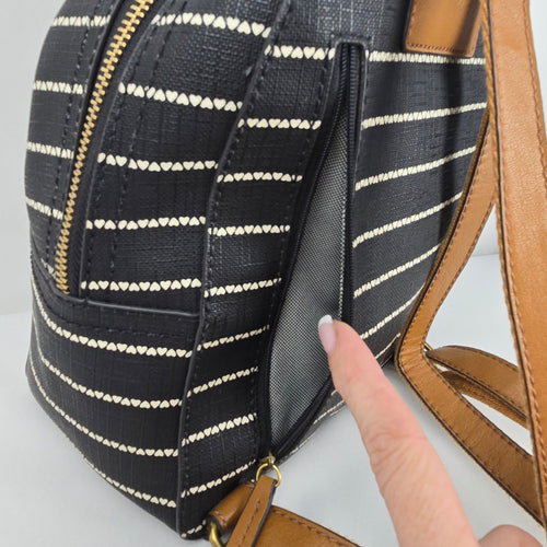 Fossil Megan Black & White Striped Mini Backpack Leather Trim