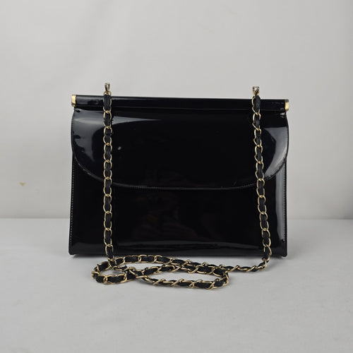 Vintage Mastercraft Black Patent Leather Handbag with Chain Strap — Made in Canada