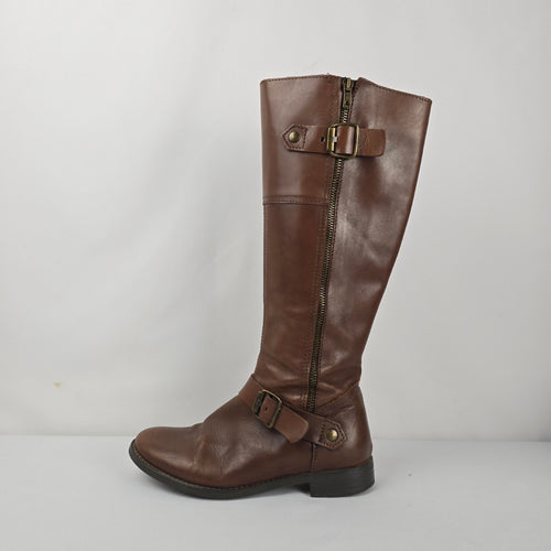 ALDO Women's Brown Leather Knee High Riding Boots Buckle Zip Size 7.5