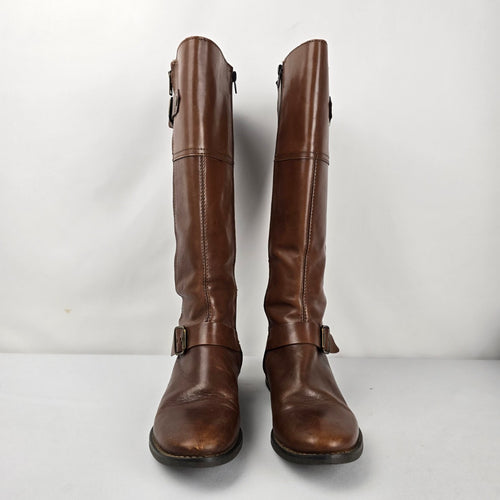 ALDO Women's Brown Leather Knee High Riding Boots Buckle Zip Size 7.5