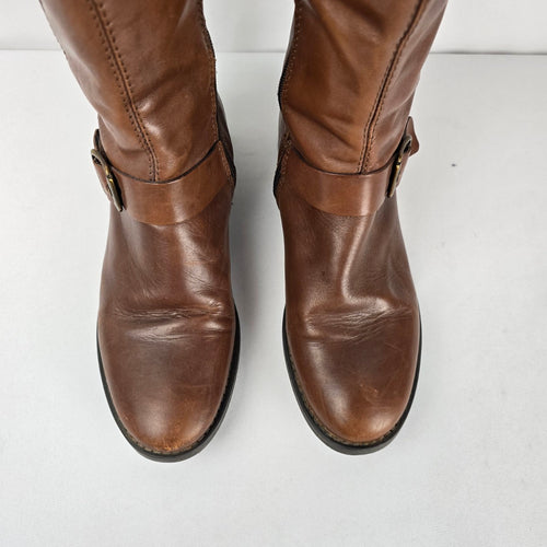 ALDO Women's Brown Leather Knee High Riding Boots Buckle Zip Size 7.5