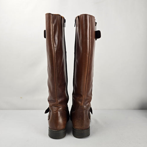 ALDO Women's Brown Leather Knee High Riding Boots Buckle Zip Size 7.5