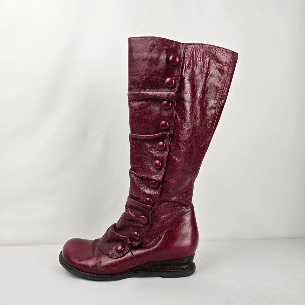 Miz Mooz Bloom Burgundy Leather Knee High Boots Button Detail Size 7.5 Wide Calf