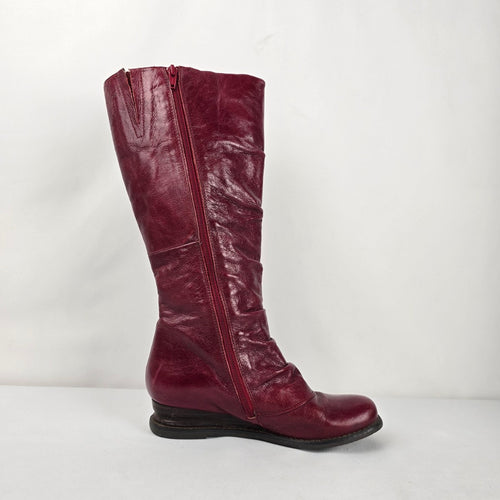 Miz Mooz Bloom Burgundy Leather Knee High Boots Button Detail Size 7.5 Wide Calf