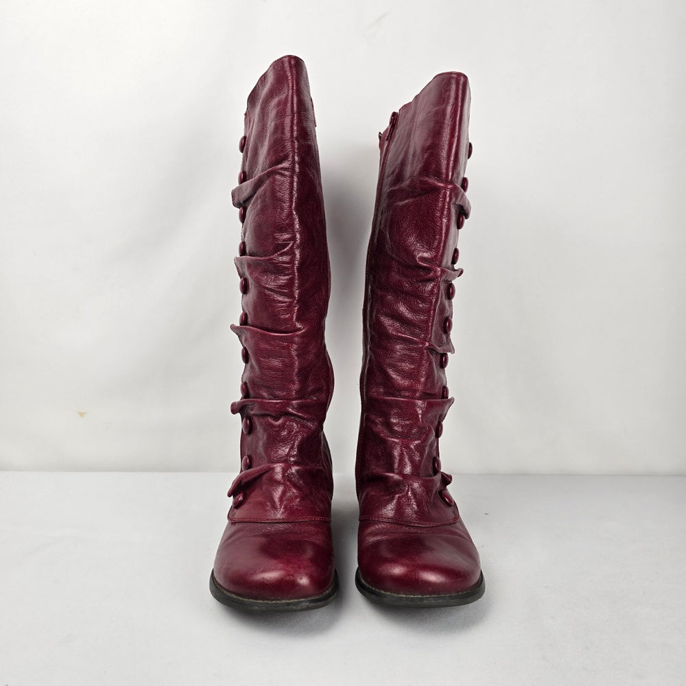 Miz Mooz Bloom Burgundy Leather Knee High Boots Button Detail Size 7.5 Wide Calf
