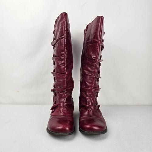 Miz Mooz Bloom Burgundy Leather Knee High Boots Button Detail Size 7.5 Wide Calf