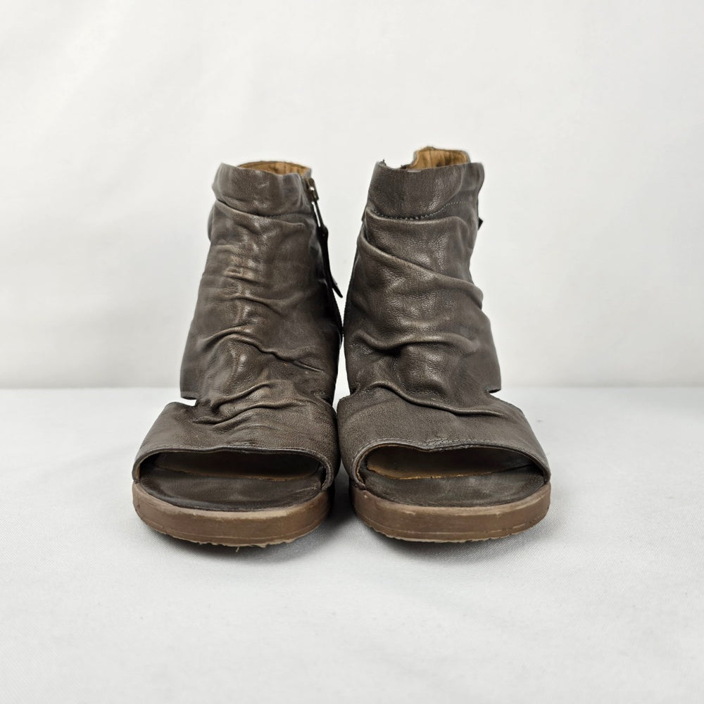 MJUS Taupe Leather Peep Toe Wedge Sandals Size US 6.5