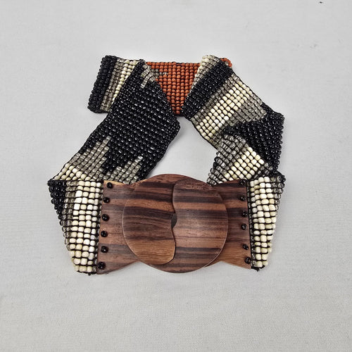 Handcrafted Stretch Beaded Belt with Wooden Slide Buckle Boho Tribal Black Cream Brown Size S