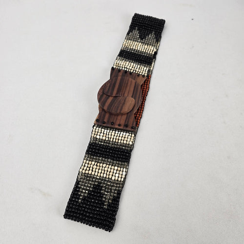 Handcrafted Stretch Beaded Belt with Wooden Slide Buckle Boho Tribal Black Cream Brown Size S