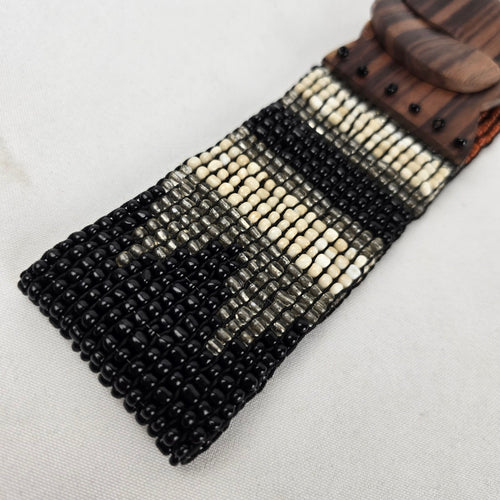 Handcrafted Stretch Beaded Belt with Wooden Slide Buckle Boho Tribal Black Cream Brown Size S