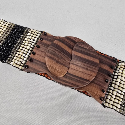 Handcrafted Stretch Beaded Belt with Wooden Slide Buckle Boho Tribal Black Cream Brown Size S