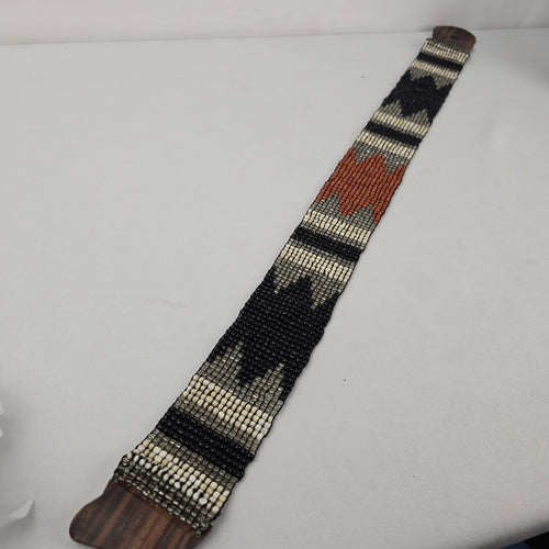 Handcrafted Stretch Beaded Belt with Wooden Slide Buckle Boho Tribal Black Cream Brown Size S