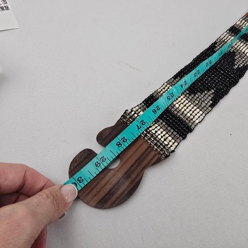 Handcrafted Stretch Beaded Belt with Wooden Slide Buckle Boho Tribal Black Cream Brown Size S