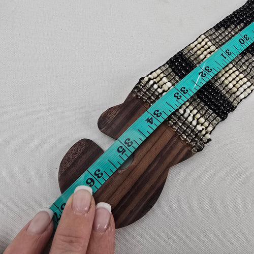 Handcrafted Stretch Beaded Belt with Wooden Slide Buckle Boho Tribal Black Cream Brown Size S
