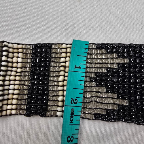 Handcrafted Stretch Beaded Belt with Wooden Slide Buckle Boho Tribal Black Cream Brown Size S