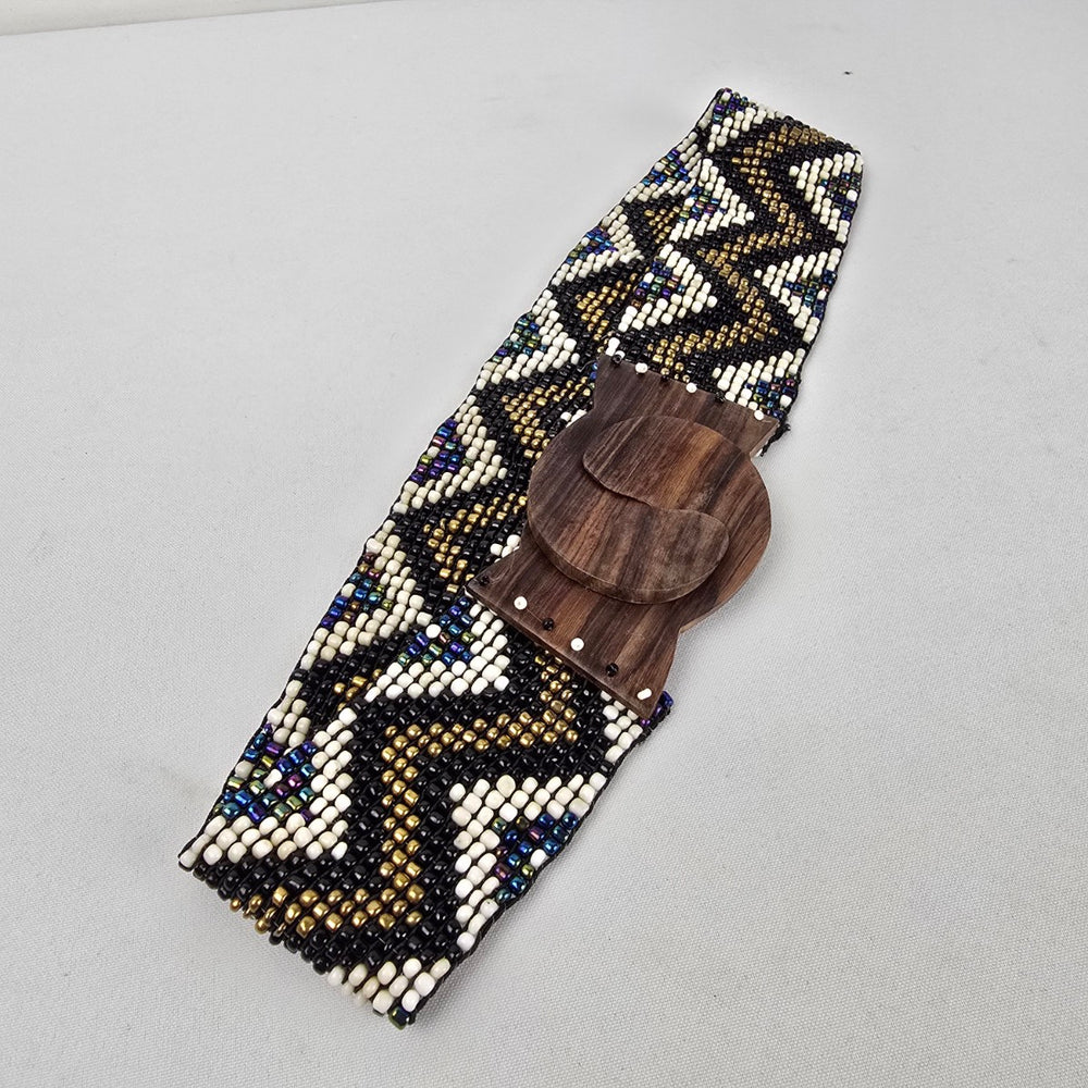 Vintage Boho Beaded Stretch Belt with Wooden Buckle Black White Gold Chevron Size S