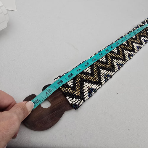 Vintage Boho Beaded Stretch Belt with Wooden Buckle Black White Gold Chevron Size S