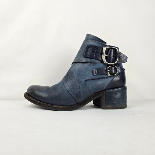 A.S.98 Women's Blue Distressed Leather Double Buckle Ankle Boots US 7.5