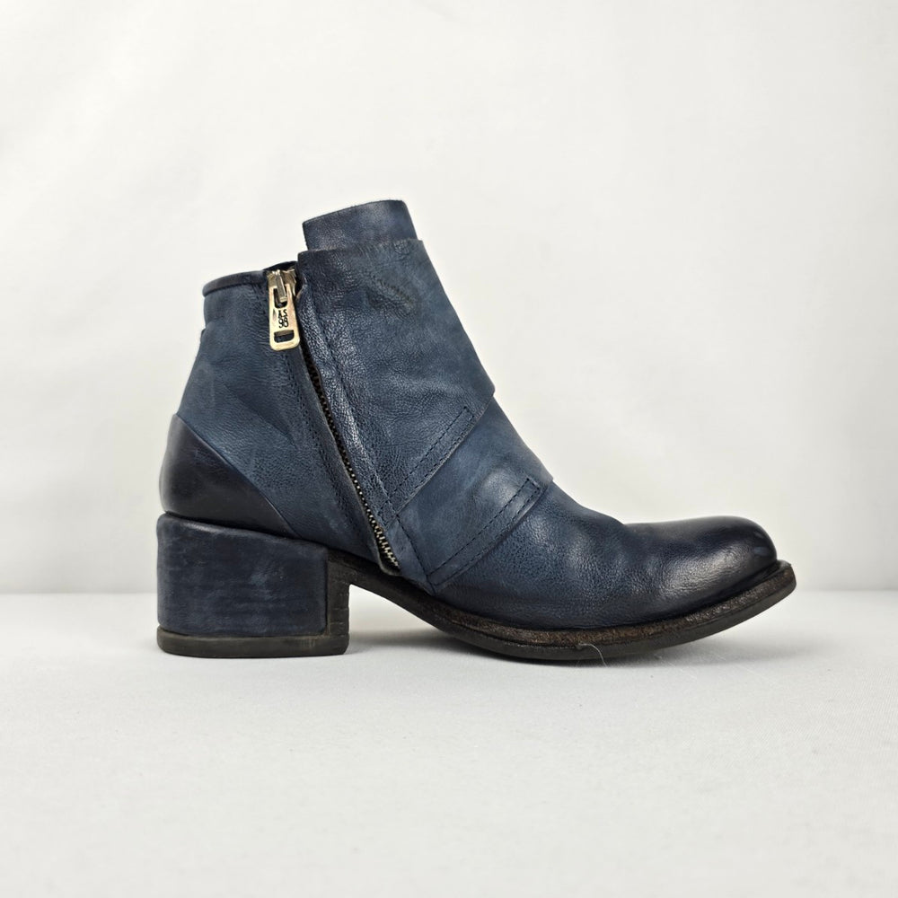A.S.98 Women's Blue Distressed Leather Double Buckle Ankle Boots US 7.5