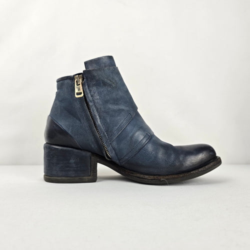 A.S.98 Women's Blue Distressed Leather Double Buckle Ankle Boots US 7.5
